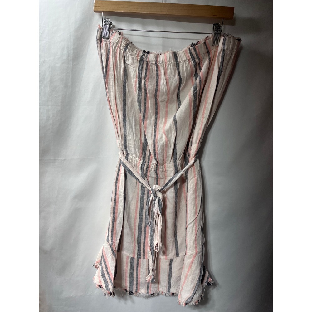 Cloth & Stone Womens Strapless Striped Romper Pink Navy Linen Blend Fringe - Med